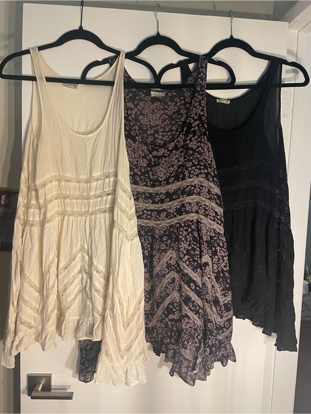 Lot of THREE Free People Voile Trapeze Slips - Cream, Purple Floral & Black